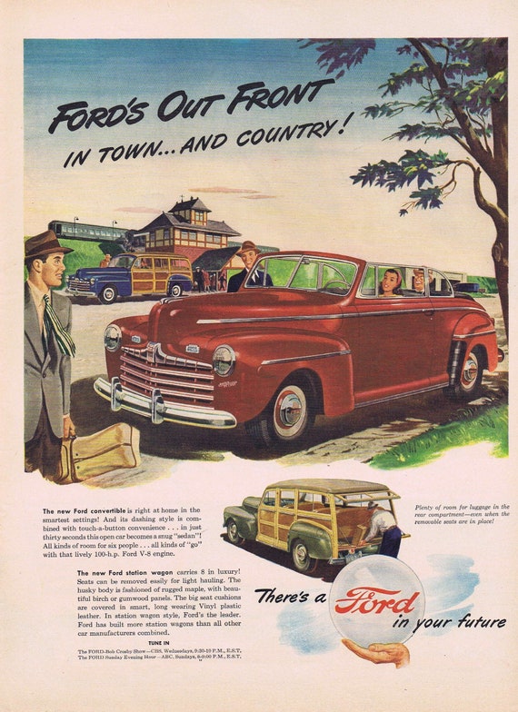 1946 Ford Convertible and Station Wagon with Wood Panels or Dr. West Miracle Tuft Toothbrushes Original Vintage Advertisement