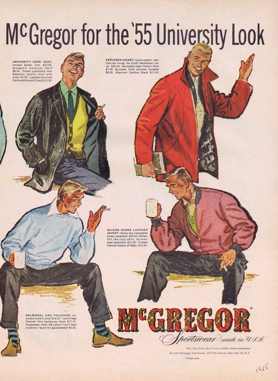 McGregor Men’s Sportswear 1955 University Look Clothing  or High Puff Corn Kix Cereal Original Vintage Advertisements