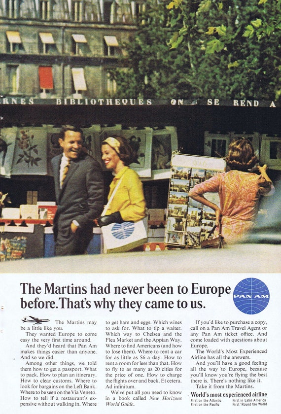 1965 Pan Am Airlines Travel to Europe Original Vintage Advertisement Free Shipping