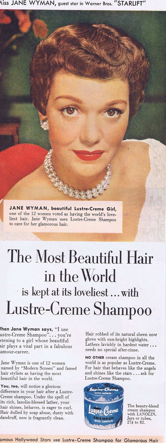 1951 Jane Wyman World’s Loveliest Hair Lustre-Crème Shampoo with Lanolin Original Vintage Advertisement