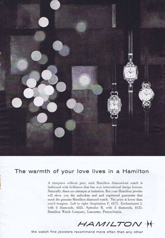 1957 Hamilton Diamond-Set Watches or Magnavox High Fidelity Original Vintage Advertisement