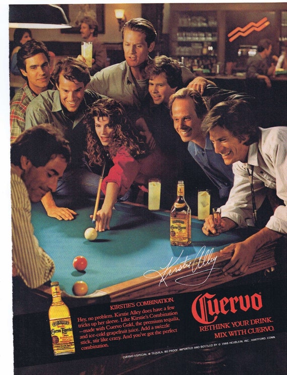 Beautiful Kristie Alley at Billiard Table and Cuervo Especial Tequila 1988 Original Advertisement