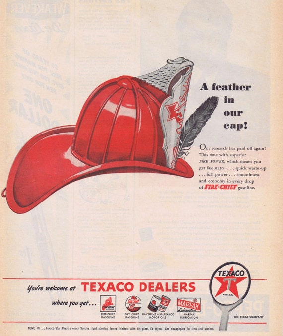 1947 Texaco Dealers Original Vintage Advertisement with Famous Fire-Chief cap
