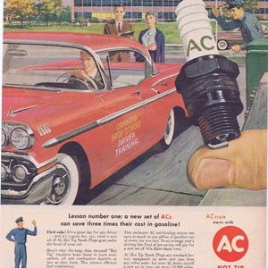 1957 AC Spark Plugs Original Vintage Advertisement with High School Driver Training Car
