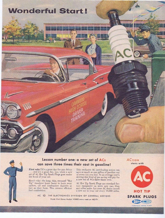 1957 AC Spark Plugs Original Vintage Advertisement with High School Driver Training Car