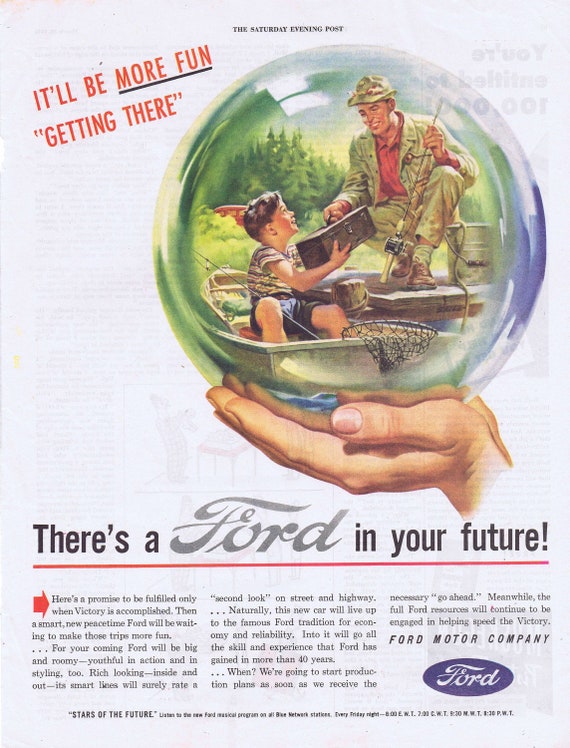 1945 Father and Son Fishing Ford Automobile Original Vintage Advertisement with Neat Art