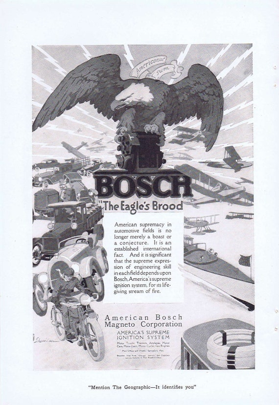 1919 Bosch Magneto Eagle’s Brood Ignition Systems or American Telephone and Telegraph Original Vintage Advertisement