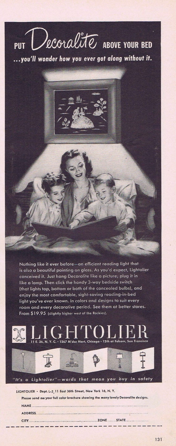 1949 Lightolier Decoralite Bed Reading Light Original Vintage  Advertisement