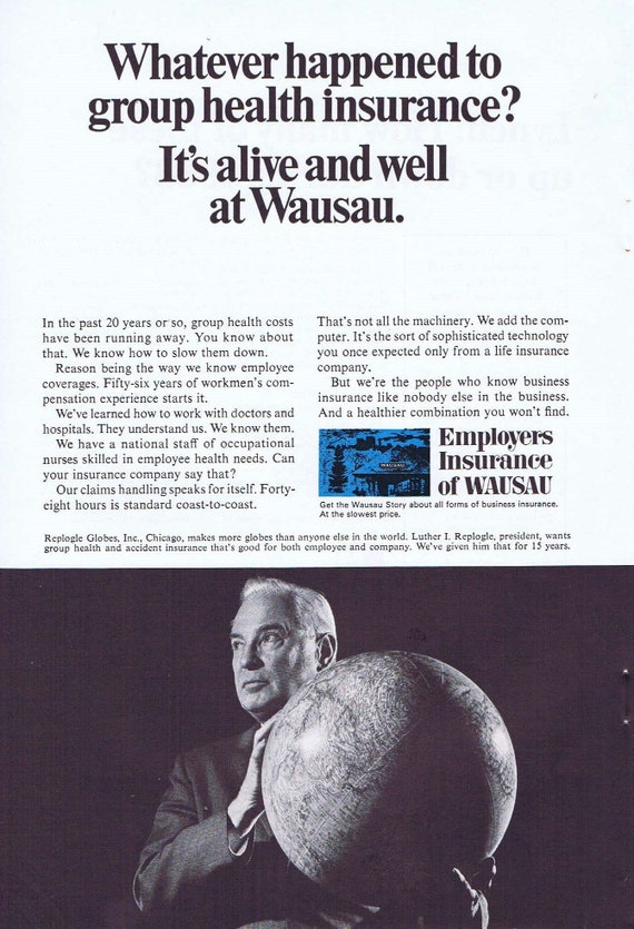 1968 Wausau Group Health Insurance Original Vintage Advertisement with Replogle Globes