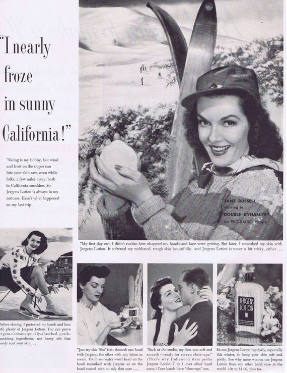 Jane Russell 1951 Jergens Hand Lotion Original Vintage Ad Skiing and Ice Skating