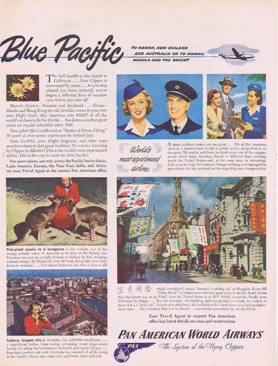 1947 Pan American World Airlines Flying Clippers Blue Pacific Original Ad with Destinations to Hawaii, New Zealand, Australia and the Orient