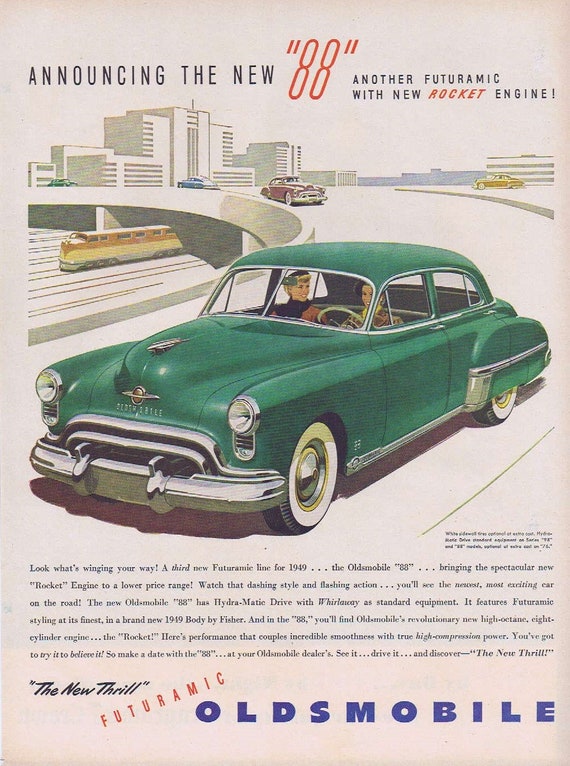 1949 Oldsmobile New Thrill  Futuramic 88 Automobile  or Seagram’s Seven Crown Blended Whiskey  Original Vintage Advertisement