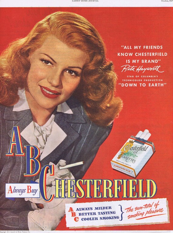 Rita Hayworth 1947 Chesterfield Cigarettes Original Vintage Ad starring in “Down to Earth” film