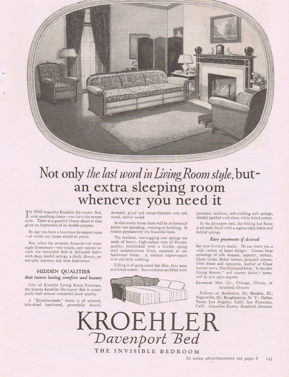 Invisible Bedroom 1927 Kroehler Davenport Bed Old Ad