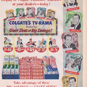 May include: A colorful advertisement for Colgate-Palmolive toiletries featuring a display of various products, including Colgate toothpaste, Halo shampoo, and Veto deodorant. The ad highlights the 'Giant Sizes at Big Savings!' promotion, showcasing the price difference between regular and giant sizes. The ad also features photos of celebrities from Colgate's TV-Rama program, including Warren Hull, Marvin Miller, and Bob Cummings.