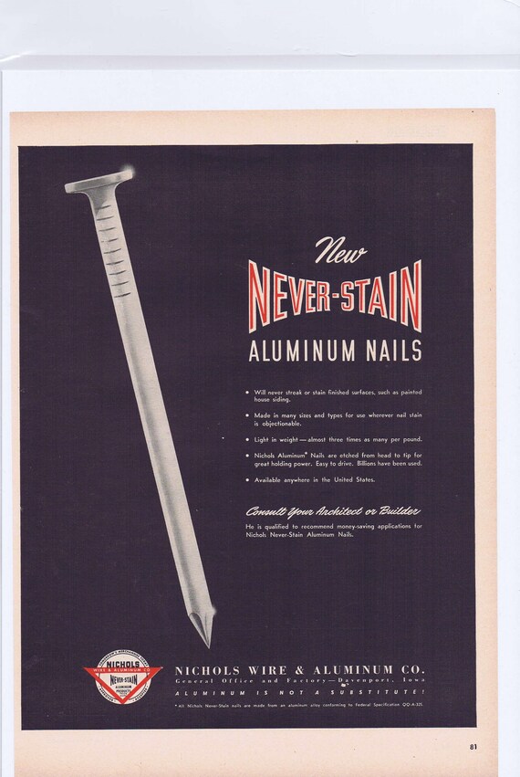 1949 Nichols Never-Stain Aluminum Nails Original Vintage Advertisement with Nice Layout
