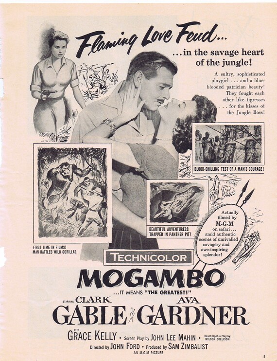 Clark Gable and Ava Gardner Mogambo 1953 Original Vintage Movie Ad with Grace Kelly