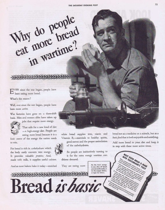 1942 Bread is Basic WW2 Original Vintage Advertisement with War Factory Worker