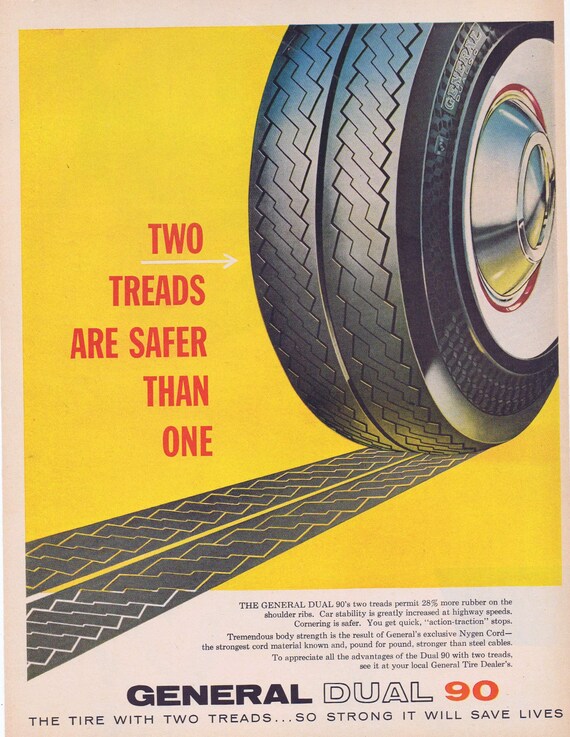 1957 General Dual 90 Tires Original Vintage Advertisement Two Treads Are Safer Than One