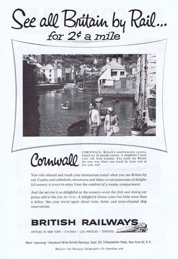 1957 Cornwall Great Britain Railway Travel Original Vintage Ad on British Railways