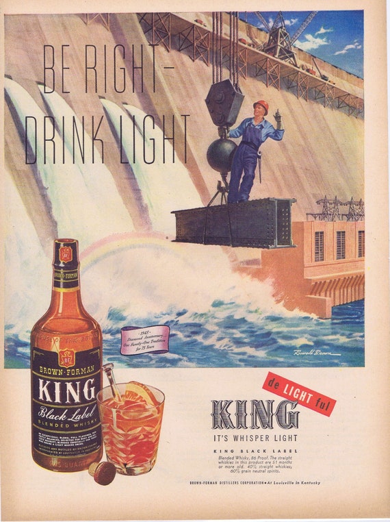 1945 King Black Label Blended Whiskey Original Vintage Advertisement with Iron Worker and Art by Roswell Brown
