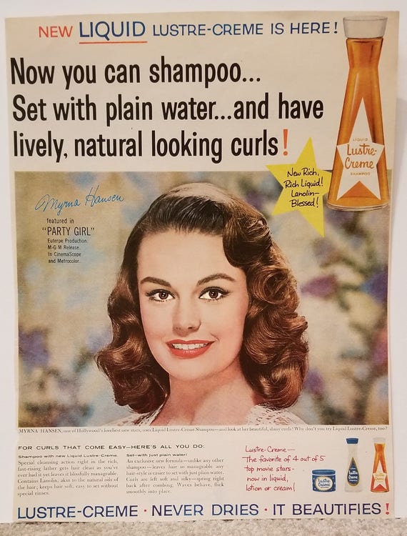 Myrna Hansen 1958 Lustre-Crème Shampoo Original Vintage Ad starring in “Party Girl” film