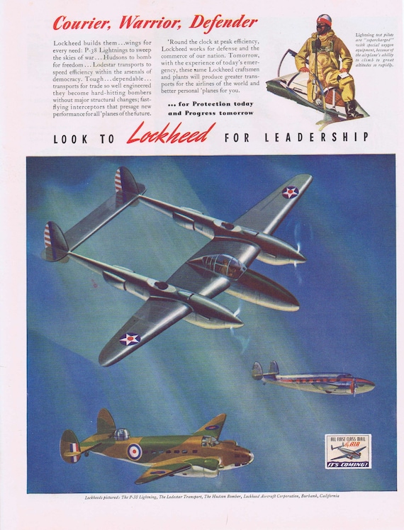 1944 WW2 Lockheed Aircraft P-38 Lightning, Lodestar Transport, Hudson Bomber Military Planes Original Vintage Advertisement Nice Artwork