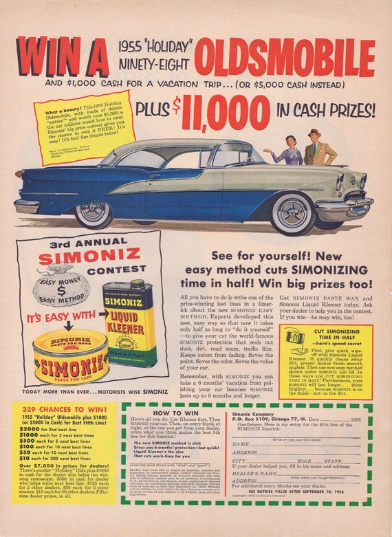1955 Simoniz Wax Win a ’55 Holiday 98 Oldsmobile Original Vintage Advertisement with Entry Form