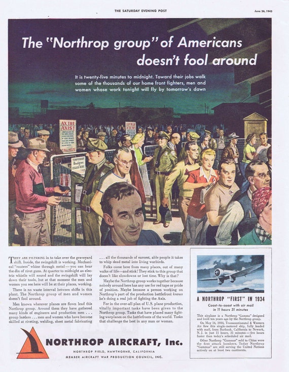 1943 Northrop Aircraft WW2 Homeland War Production Vintage Advertisement Salute