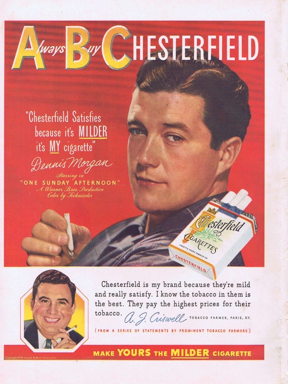 1949 Actor Dennis Morgan in One Sunday Afternoon Chesterfield Cigarettes Original Vintage Advertisement