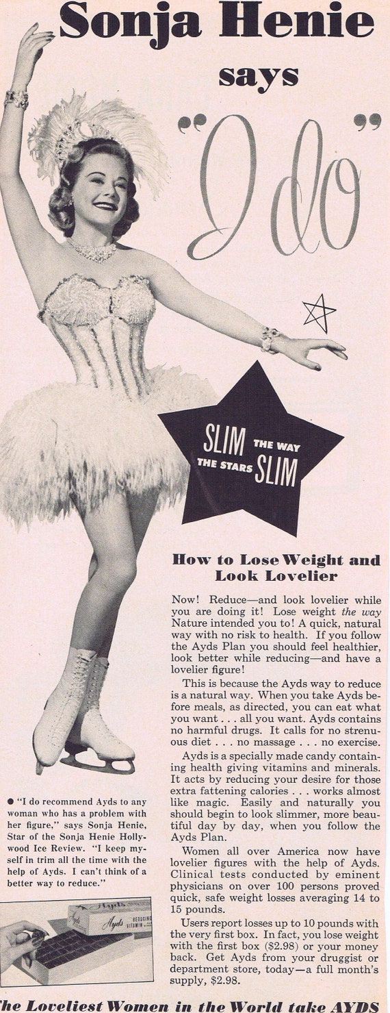 1951 Sonja Henie Skating Champion and Film Star for Ayds Weight Loss Original Vintage Advertisement