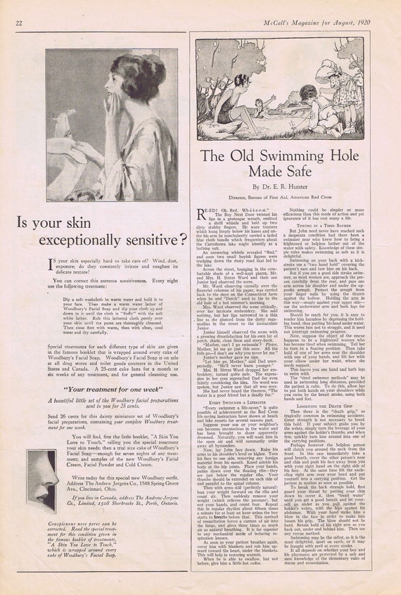 Old 1920 Vintage Ads, Art and Stories about Swimming Hole and Beauty Products