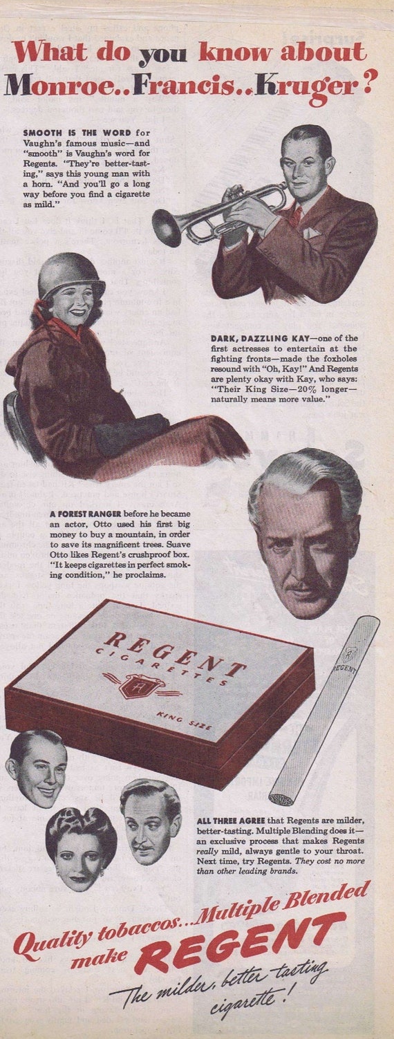 Vaughn Monroe, Kay Francis and Otto Kruger 1944 Vintage Ad for Regent Cigarettes