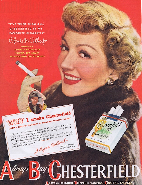 1948 Claudette Colbert Chesterfield Cigarettes Original Vintage Advertisement