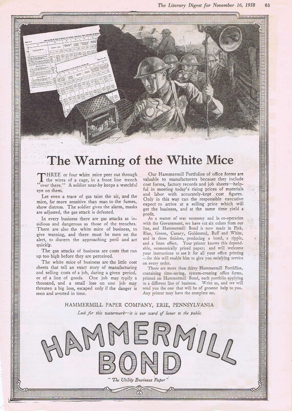 1918 WWI Gas Masks and White Mice 1918 Original Vintage Advertisement by Hammermill Bond Paper