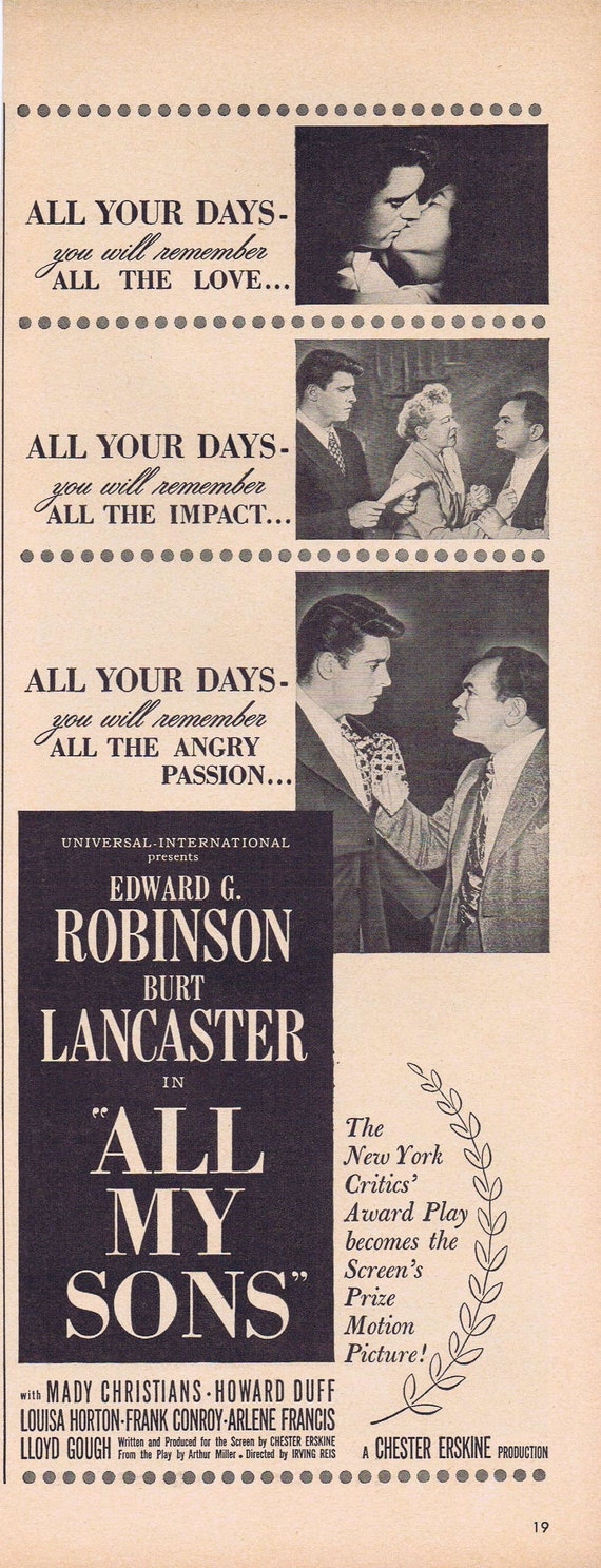 All My Sons 1948 Original Vintage Movie Ad with Burt Lancaster and Edward G. Robinson