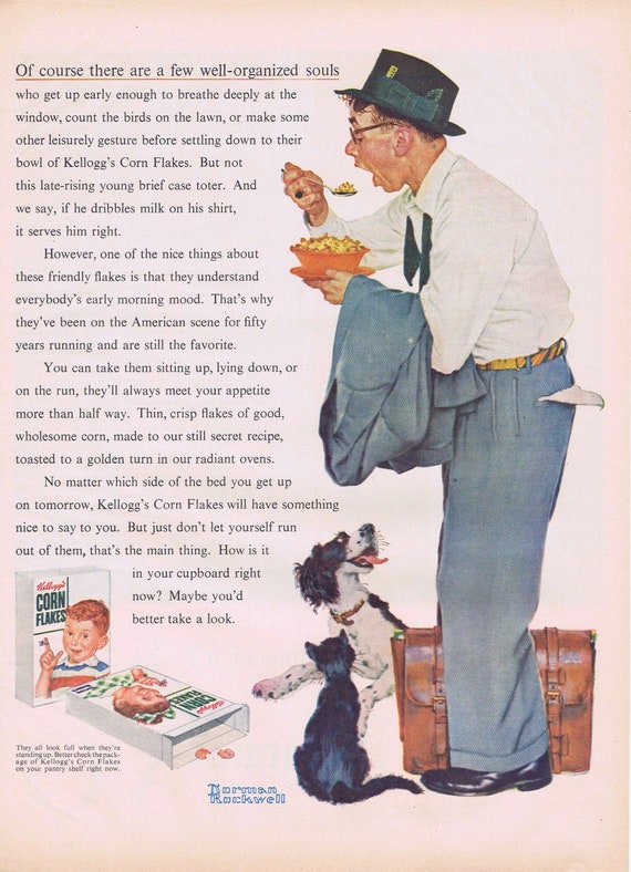 Art Kellogg’s Corn Flakes Norman Rockwell or Seagram’s Canadian Whiskey Niagara Falls 1955 Original Vintage Advertisement