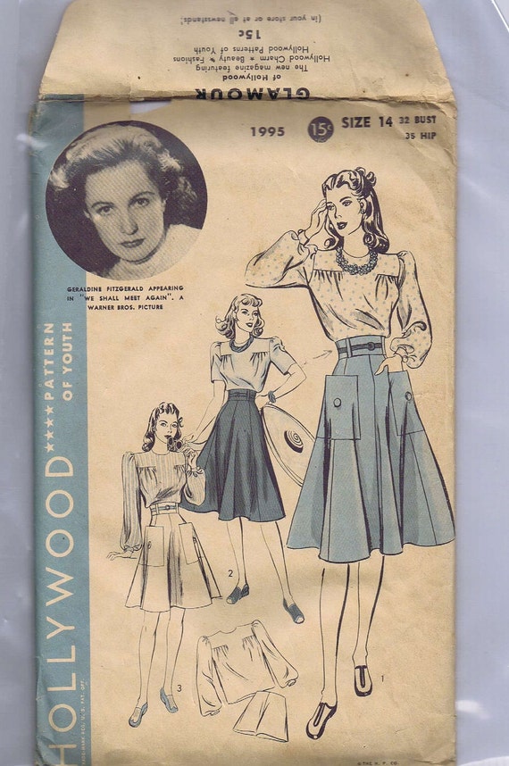 1940 Hollywood  Glamour Vintage Blouse, Skirt and Shorts Pattern Featuring Geraldine Fitzgerald From Film We Shall Meet Again