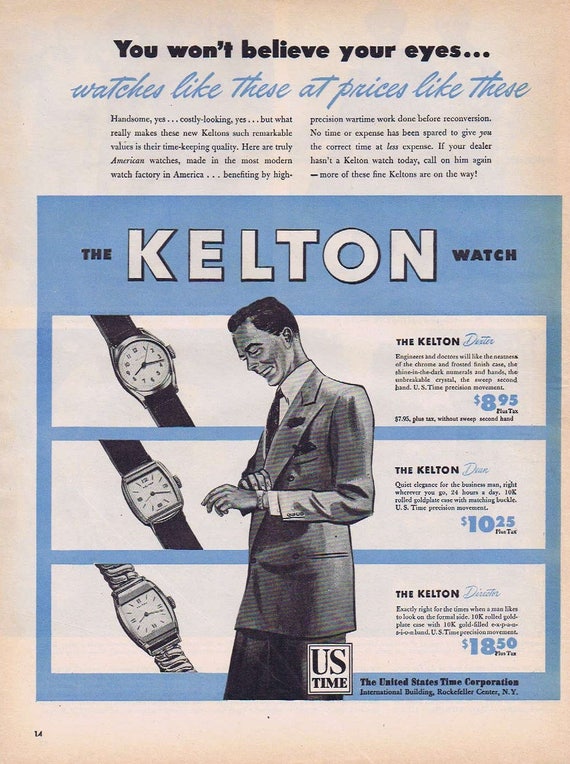 1946 Kelton Men’s Watches with Prices Original Vintage Advertisement by United States Time Corporation