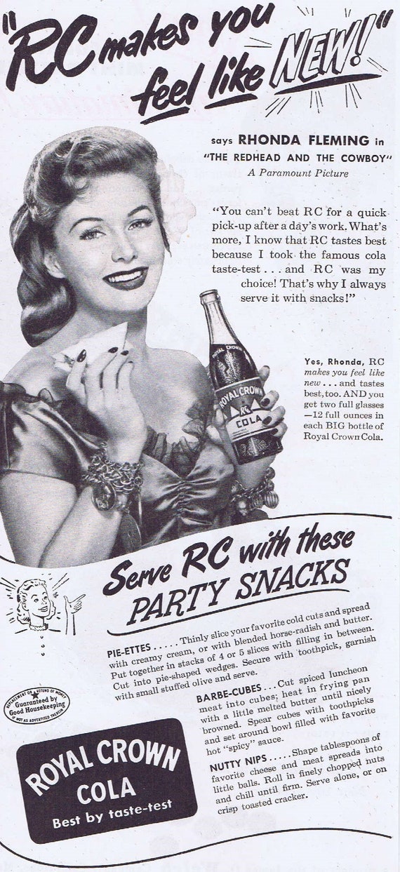 1951 Rhonda Fleming Royal Crown Cola Original Vintage Advertisement Starring in The Redhead and the Cowboy