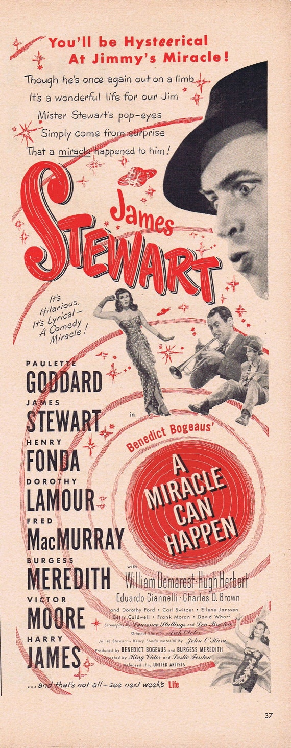 James Stewart and A Miracle Can Happen or On Our Merry Way 1950 Vintage Movie Ad with Paulette Goddard and Henry Fonda