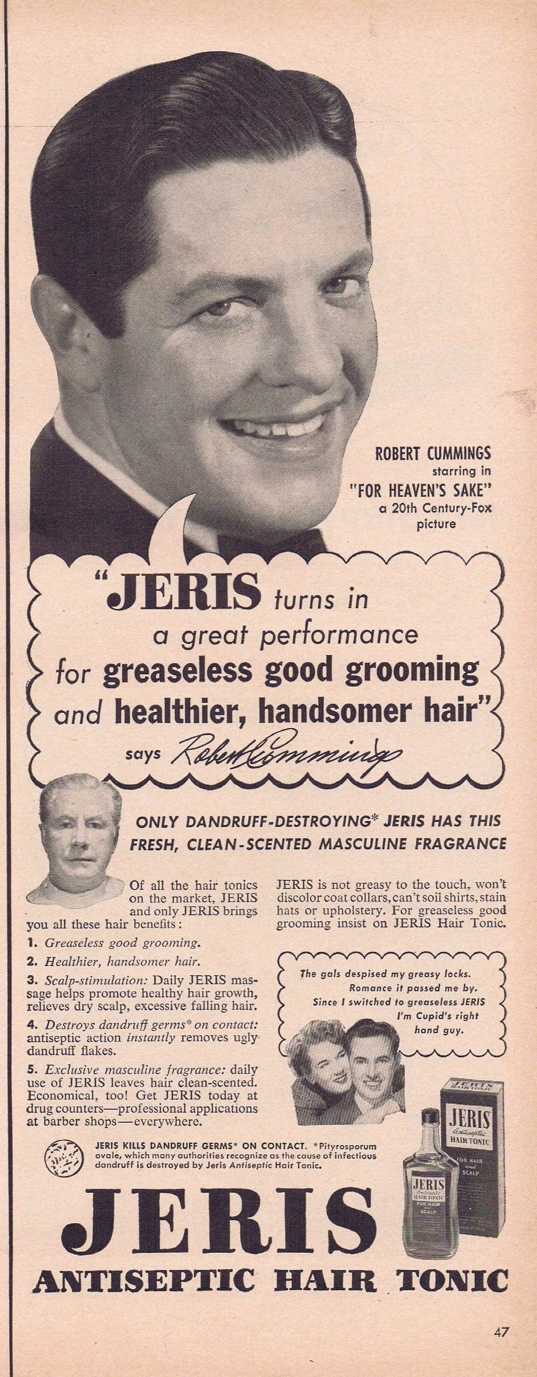 1951 Robert Cummings Jeris Antiseptic Hair Tonic Original Vintage  Advertisement Starring in For Heaven's Sake