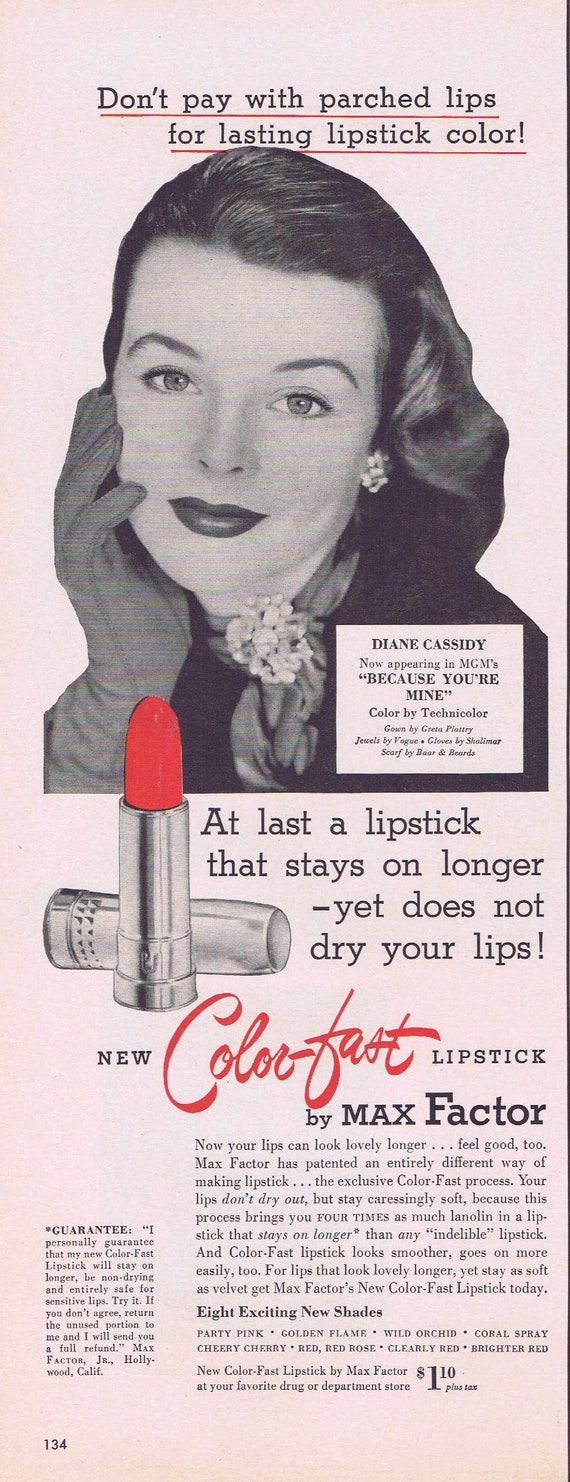 1952 Max Factor Lipstick and Diane Cassidy Original Vintage Advertisement