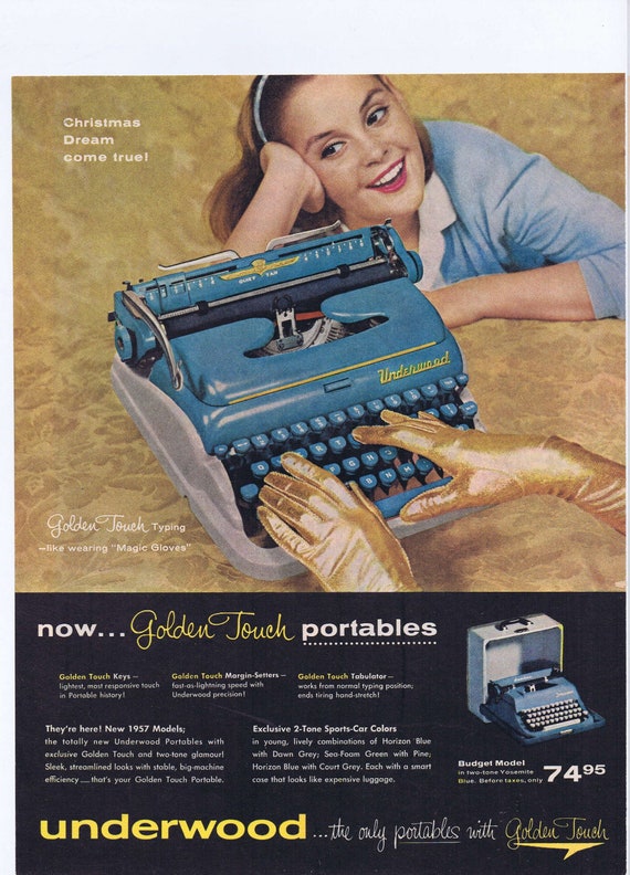 1957 Underwood Golden Touch Portable Typewriter Original Vintage Advertisement with “Magic Gloves” Christmas Dream Come True