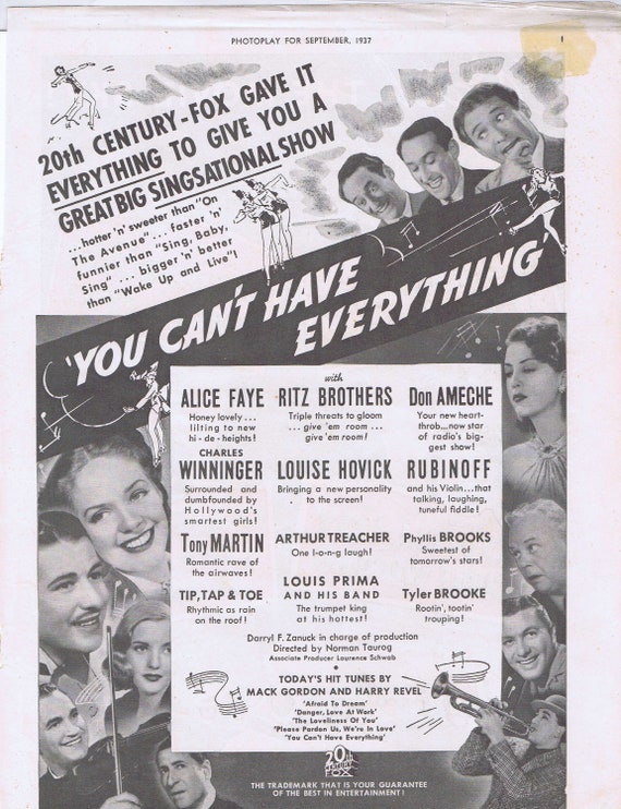 You Can’t Have Everything with Alice Faye 1937 Original Movie Advertisement