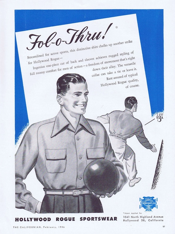 1946 Men’s Bowling Shirt Hollywood Rogue Sportswear  Original Vintage Ad Neat Artwork