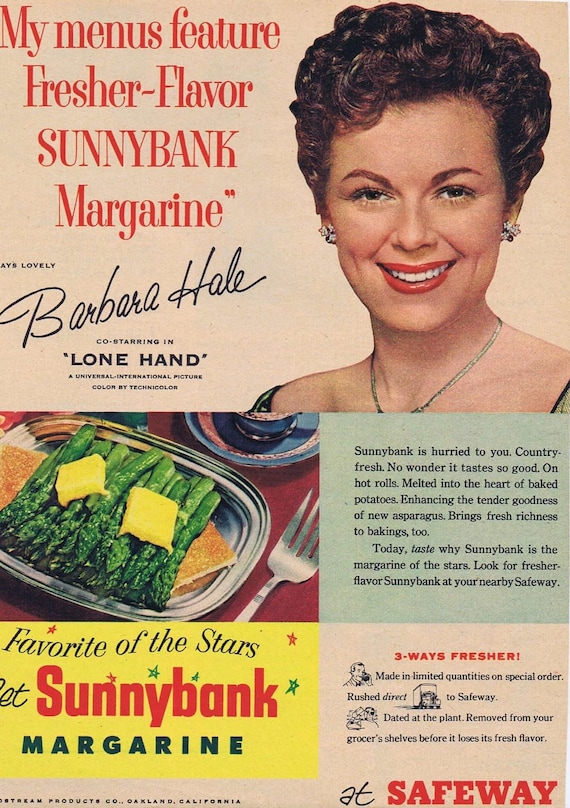 Barbara Hale 1953 Sunnybank Margarine Original Vintage Advertisement as Safeway Grocery