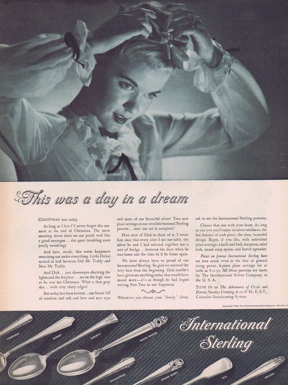 1946 International Sterling Silverware Christmas Morning or Santa Clause and Chesterfield Cigarettes Original Vintage Advertisement