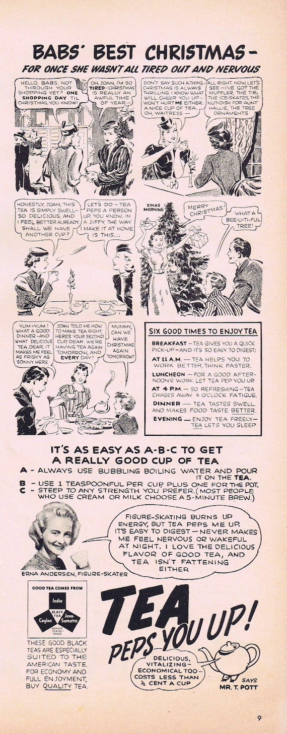 1939 Babs Best Christmas and Tea Original Vintage Christmas Advertisement with Figure Skater Erna Andersen