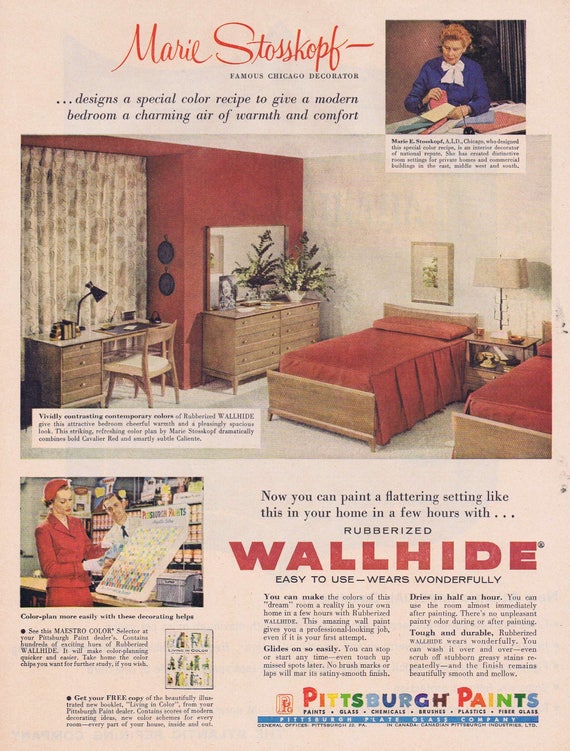 1957 Rubberized Wallhide Unique Paint Original Vintage Advertisement with Chicago Decorator Marie Stosskopf and Pittsburgh Paints